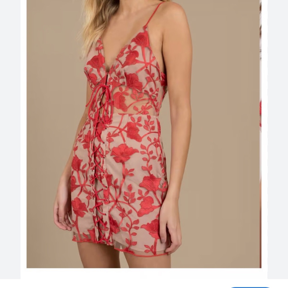 Tobi Red Floral Lace-Up Dress